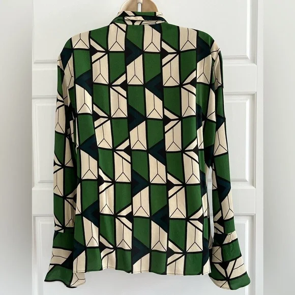 Zara Green Black Cream Geometric Printed Collared V-neckline Blouse Size Large - Picture 8 of 16